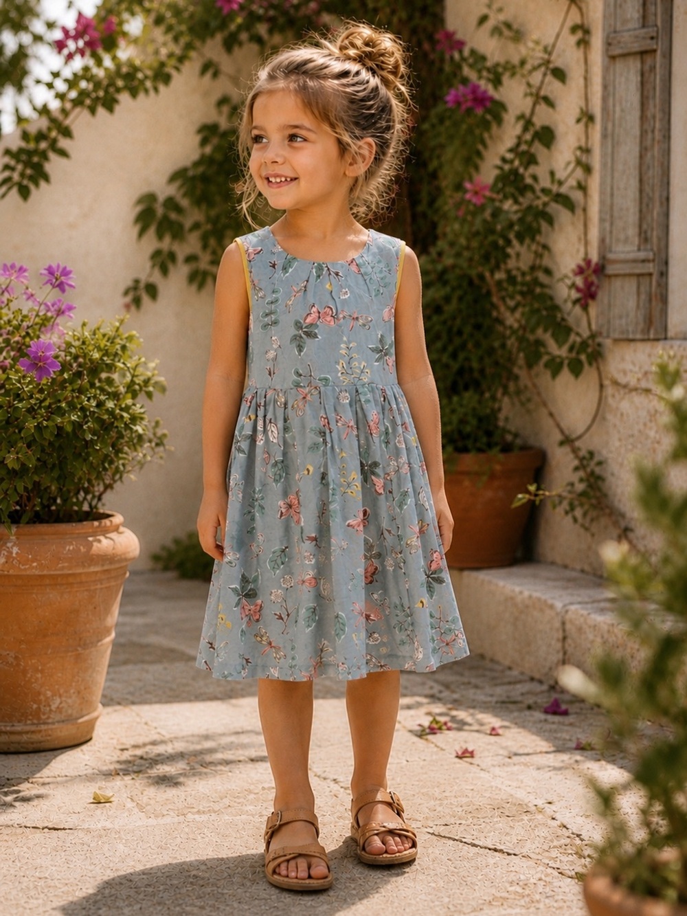 Mini Boden Girls Linen Blend Flora Fauna Butterfly Garden Dress Size 3-4